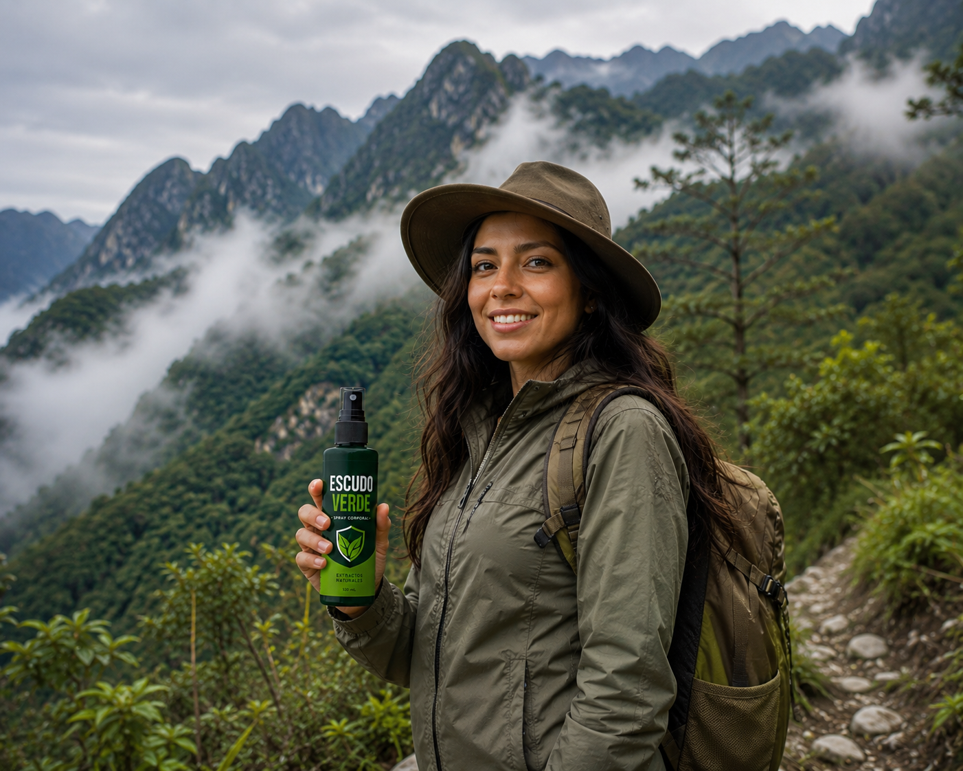 Mujer excursionista en la sierra mexicana sosteniendo Escudo Verde