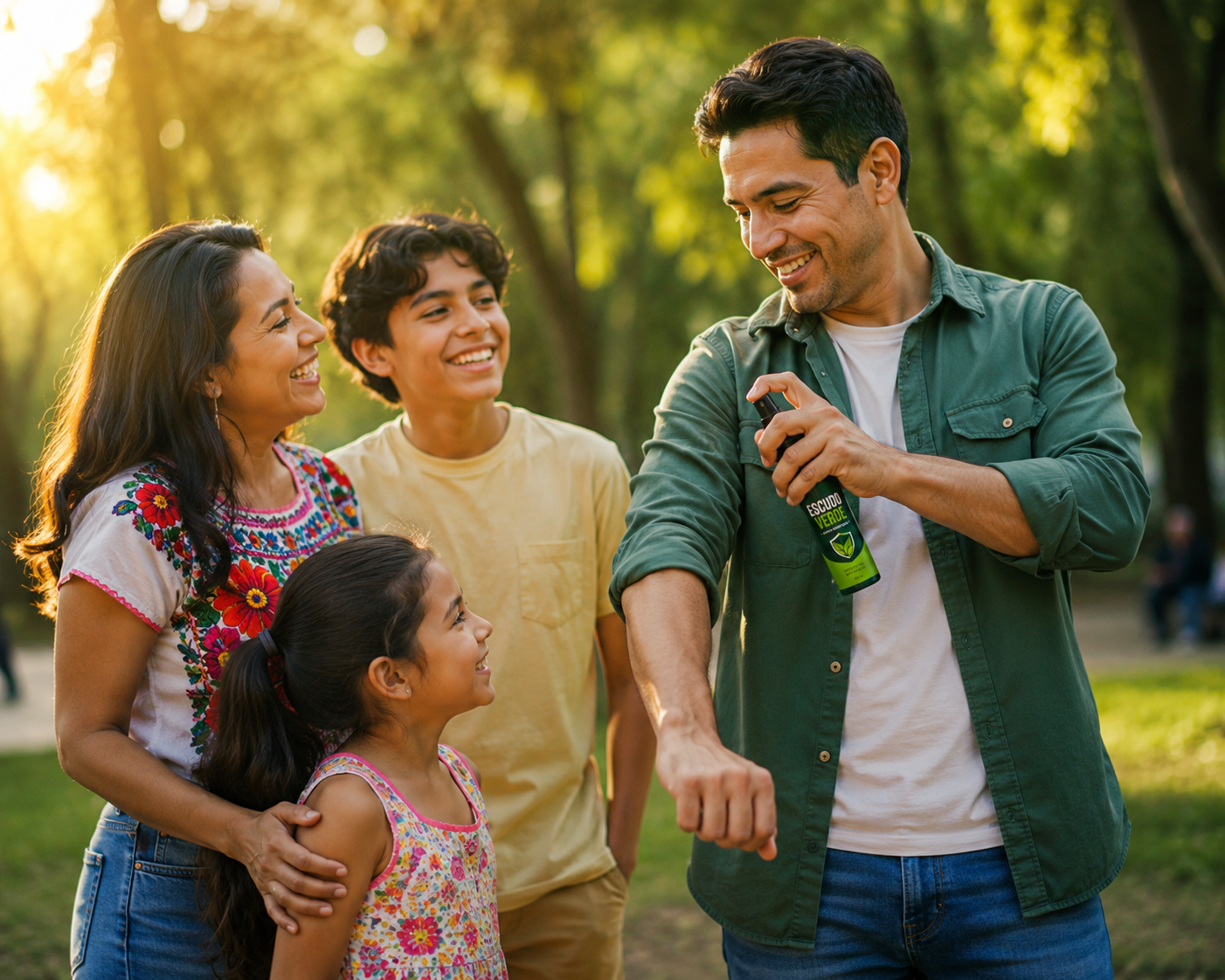 Familia mexicana aplicando Escudo Verde en el parque