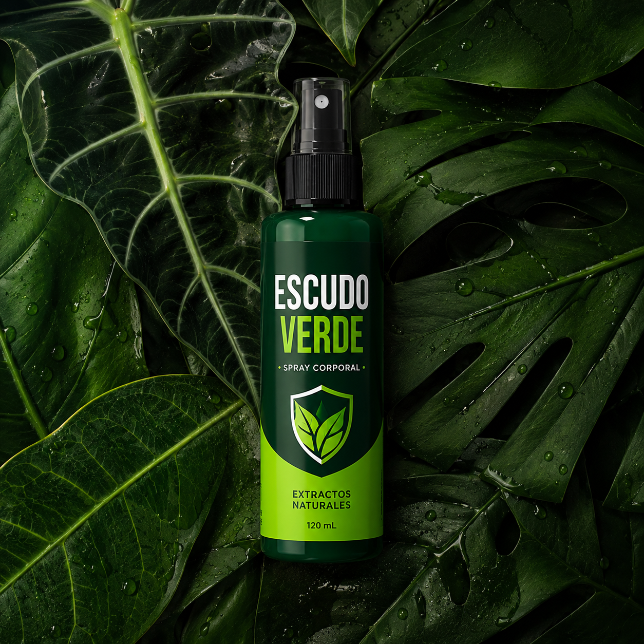Botella de Escudo Verde con extractos naturales sobre hojas de monstera