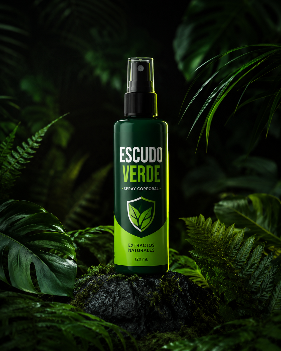 Spray repelente Escudo Verde sobre musgo en la selva